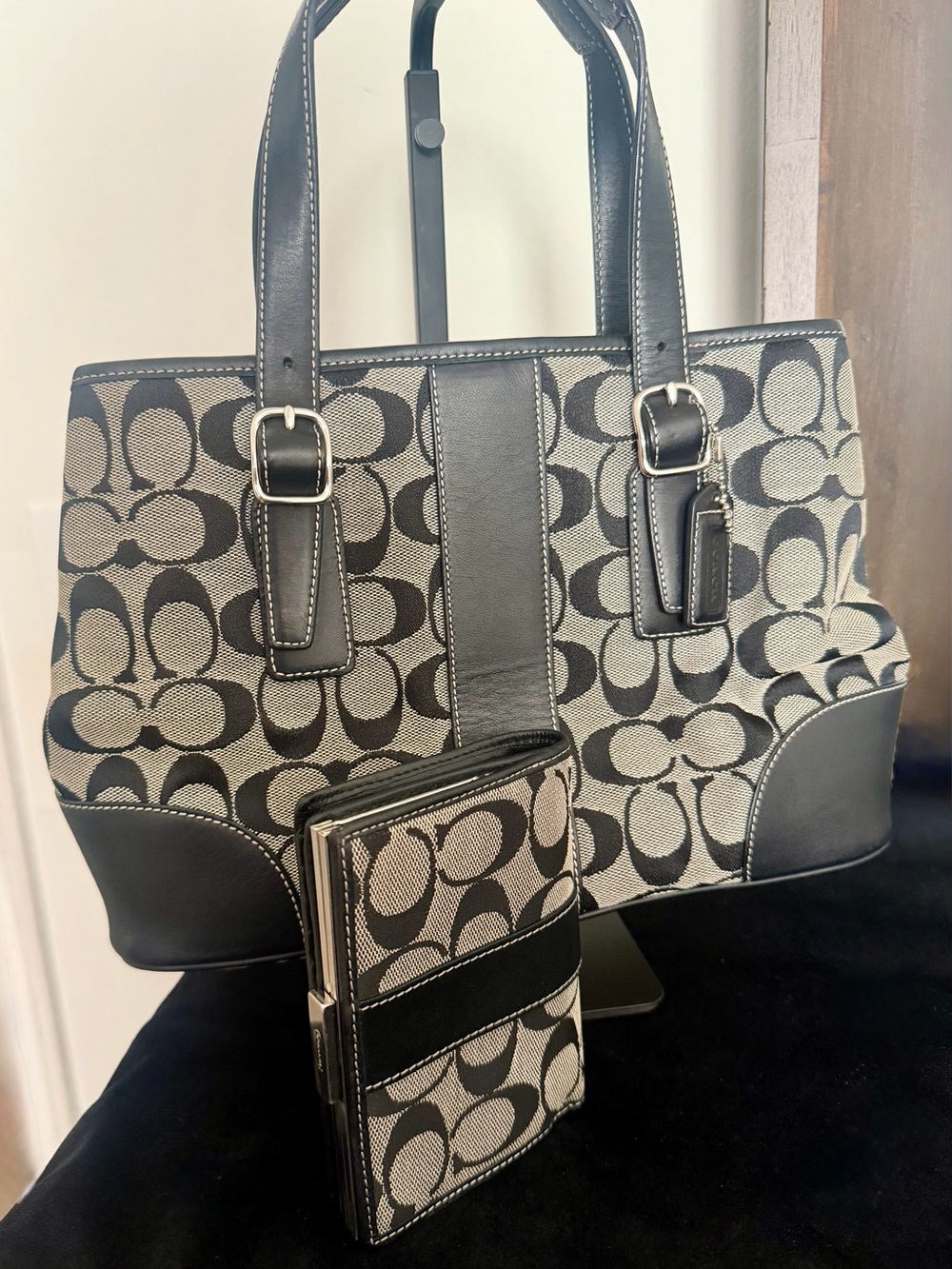 Coach Black and Cream Signature Canvas Tote with Matching Wallet